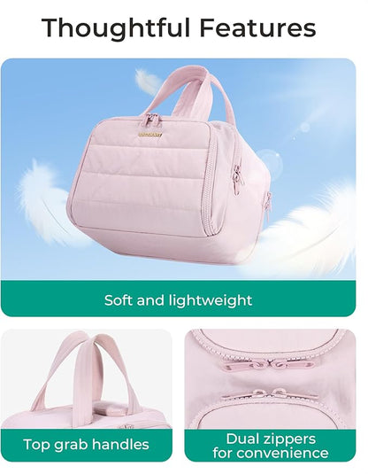 BAGSMART Travel Toiletry Bag, Crush Toiletry Bag for Women, Wide-open Puffy Toiletry Bags for Traveling, Large Travel Cosmetic Makeup Bag Organizer for Accessories,Toiletrie, Pink