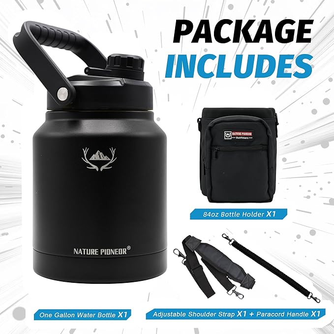 NATURE PIONEOR One Gallon Water Bottle Insulated - Large Double Vacuum Stainless Steel 84 oz Water Bottle with Holder/Carrier, 84oz Water Jug,Wide Mouth