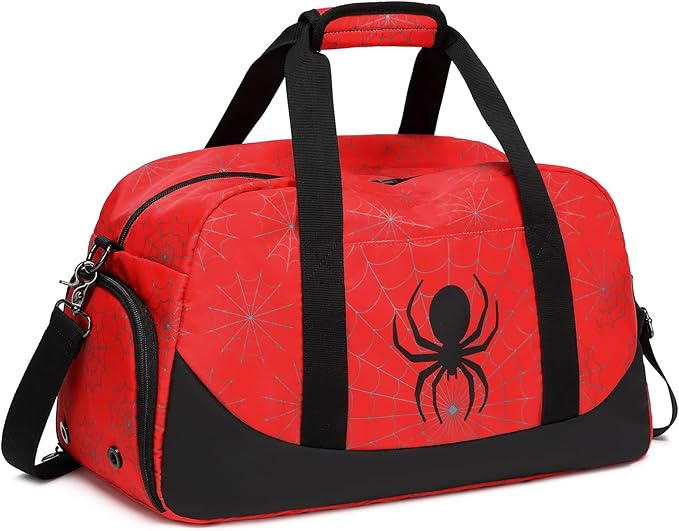 Octsky Kids Sports Gym Bag Boys Girls Overnight Weekend Bag with Shoe Compartment Small Soccer Duffel Football Bag, Spider red