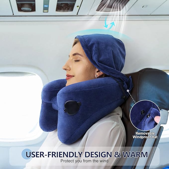 Sunany Neck Pillow for Travel Inflatable Airplane Pillow Comfortably Supports Head,Neck and Chin,Inflatable Travel Pillow with Soft Velour Cover,Hat,Portable Drawstring Bag (Blue)