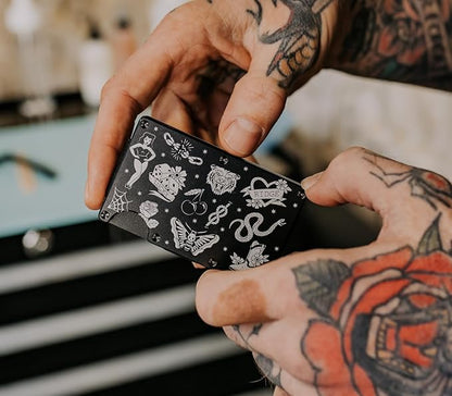 Ridge Wallet for Men - Slim Minimalist Compact Wallet and Card Holder, RFID Protected Front Pocket Wallets for Men with Integrated Cash Strap (American Traditional Tattoo B&W)