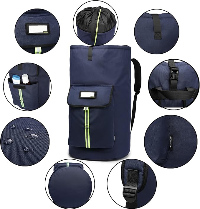 laundry bag backpack,extra-large heavy duty laundry bags,laundry backpack for college students,drawstring closure (Dark blue laundry bag backpack)