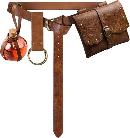 Renaissance Belt Pouch Viking Leather Medieval Belt Waist Bag Pirate Cosplay Festival Halloween Adjustable Accessories (Bottles-Brown)