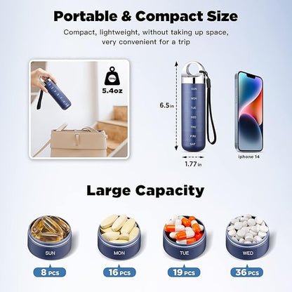 Zannaki Metal Travel Pill Organizer, Portable Waterproof Weekly Pill Box, Large Aluminum Alloy Pill Case Container, BPA Free 7 Day Daily Medicine Organizer Holder for Vitamin, Fish Oil, Supplement