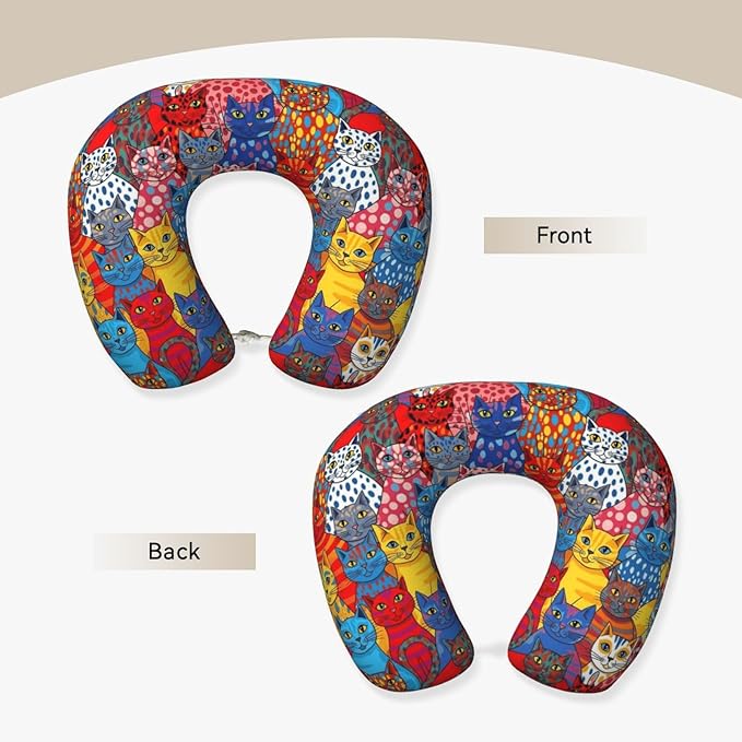 Neck Pillows for Travel Colorful Cats Painting, Women and Men Airplane Car Pillow, Neck Support U Shaped Pillow for Rest Pain Relief Sleeping
