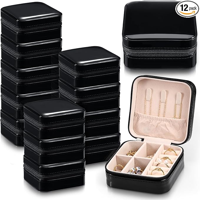 Yinkin 12 Pcs Mini Travel Jewelry Case Bridesmaid Proposal Gift Boxes, Small PU Leather Earring Organizer, Bulk Travel Accessories Portable Jewelry Holder(Glossy Black)