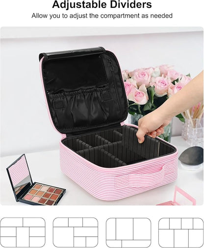 Relavel Travel Makeup Train Case, Portable Cosmetic Case Makeup Organizer, Professional Artist Storage Bag with Adjustable Dividers for Cosmetics Brushes, Birthday Gifts for Girls, Pink Stripe