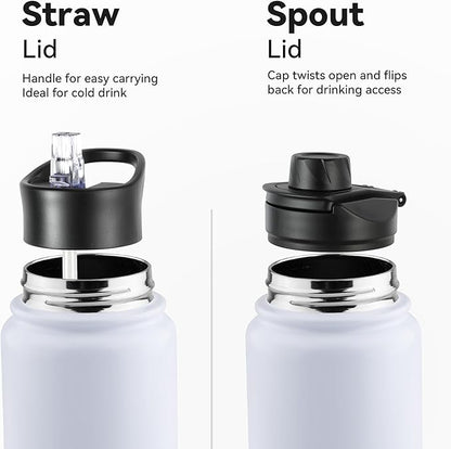 24oz Insulated Water Bottle with Straw Lid, Stainless Steel Metal Water Bottle with Straw & Wide Mouth Lid, Double Wall Vacuum Water Bottle for Hiking Camping, White 1 Pack