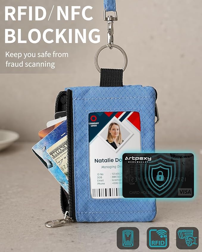 Minimalist Wallet For Mens Womens, Keychain RFID Blocking Zipper Small Wallet with ID Window 2 Lanyards,Water Resistant Travel Cash Card Coin Case Boys Girls
