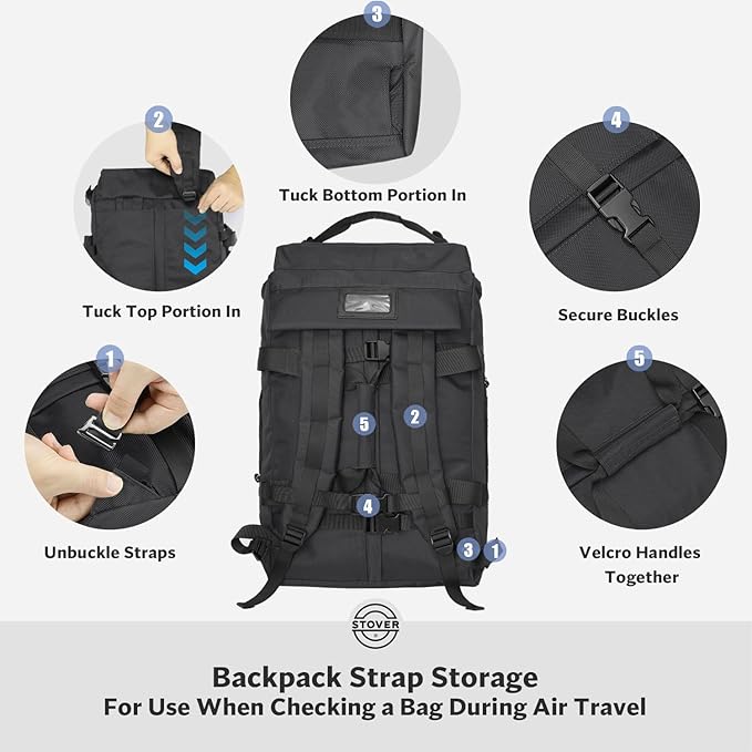 STOVER 45L Carry-On Rolling Duffel Bag with Wheels, Medium Durable Travel Duffle w/Toiletry Bag, Heavy-Duty, Packable, Foldable with Shoulder Straps- Use as Luggage or Backpack, Men/Women (Black)