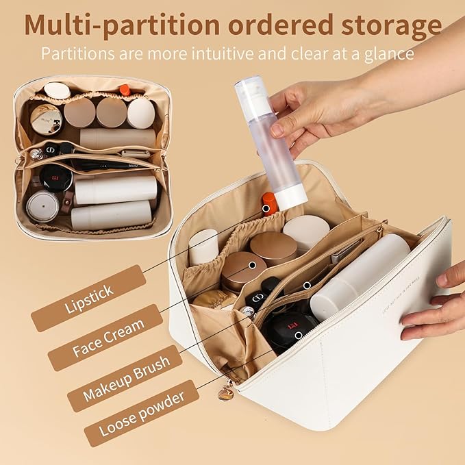 Travel Makeup Bag, Large Capacity Cosmetic Organizer Bags for Women, Waterproof PU Leather Toiletry Bags, Wide Open Flat Makeup Case with Divider and Handle