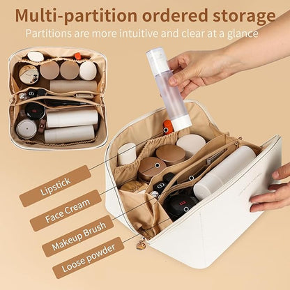 Travel Makeup Bag, Large Capacity Cosmetic Organizer Bags for Women, Waterproof PU Leather Toiletry Bags, Wide Open Flat Makeup Case with Divider and Handle