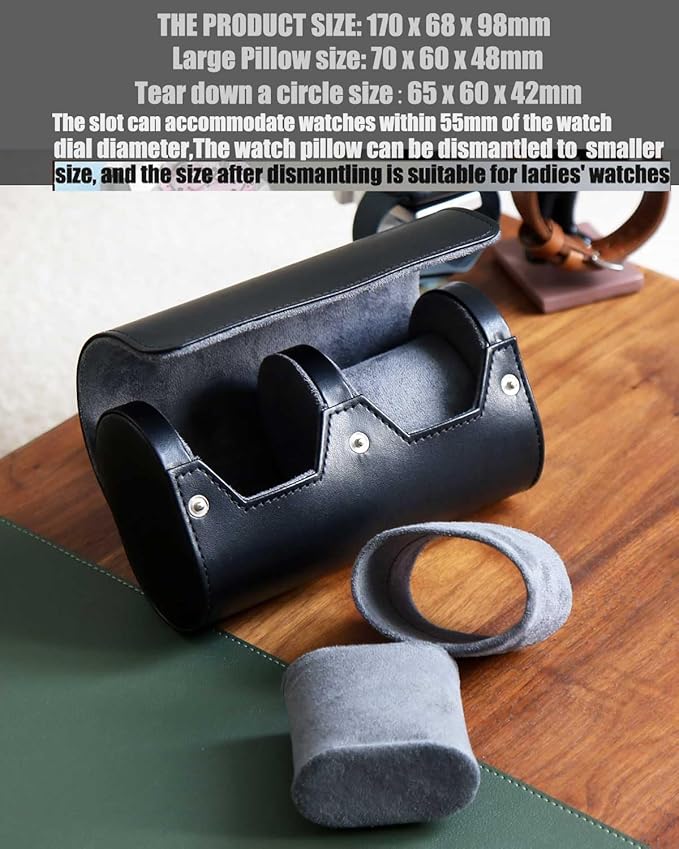 Premium Leather Travel Case, Variable Size Pillow Design, Roll Organizer for Men and Women, Black 2 Slot Portable Storage Box With Faux Suede Fabric Lining