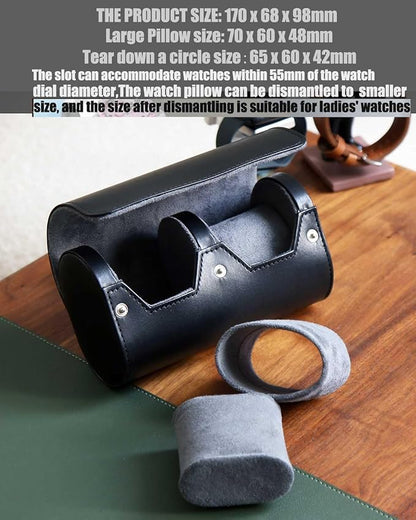 Premium Leather Travel Case, Variable Size Pillow Design, Roll Organizer for Men and Women, Black 2 Slot Portable Storage Box With Faux Suede Fabric Lining