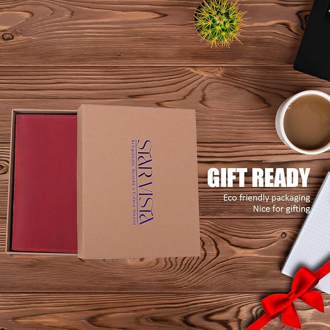 STAR VISTA Albatross Leather Travel Passport Holder, Minimalist Design, Full Grain Leather Case for Women and Men - Slim Passport Wallet, Bifold, RFID Blocking, with AirTag Holder, Crimson Red