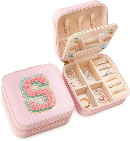SANDJEST Personalized Jewelry Box, Pink Travel Jewelry Box with Initial S, Small Monogrammed Jewelry Case Organizer for Girls Women Teen Kids, Mini Travel Essentials Gifts for Birthday Christmas