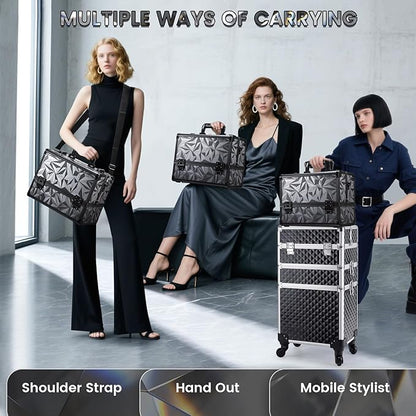 FRENESSA Makeup Case Extra Large Makeup Train Case 12.6 Inch Makeup Box Organizer Profressional Make Up Cases Storage Cosmetic Artist Travel Case with Divider Shoulder Strap Hard Vanity Dark Black