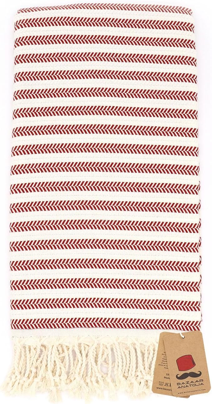 Bazaar Anatolia Turkish Beach Towel – 100% Cotton, Quick Dry, Sand Free Towel for Bathroom, Travel, Camping – Oversized 71x39 Inches – Arpa Red