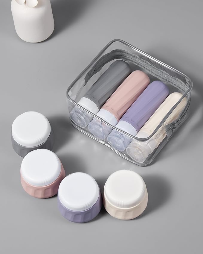 Travel Size Toiletries 8 Pack, TSA Approved 3oz Silicone Squeeze Bottles & Cream Jars with Clear Travel Bag