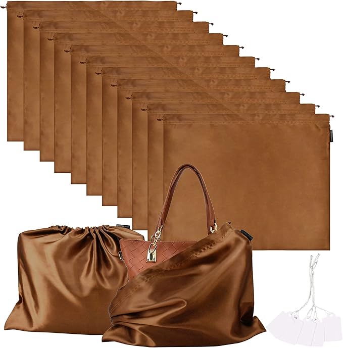 10 Pack Dust Bags for Purses and Handbags, Silk Dust Cover Storage Bag with Drawstring Travel Storage Pouch for Handbag Purse Shoes Boots (Brown, 19.6 × 15.7 in)