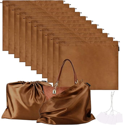 10 Pack Dust Bags for Purses and Handbags, Silk Dust Cover Storage Bag with Drawstring Travel Storage Pouch for Handbag Purse Shoes Boots (Brown, 23.6 × 19.6 in)