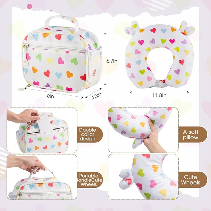 Redbaker 6 Pcs Kids Luggage Set Gift for Christmas 17 Inch Kids Rolling Luggage Double Pattern Suitcase for Boys Girls(White,17 Inch,Love Style)