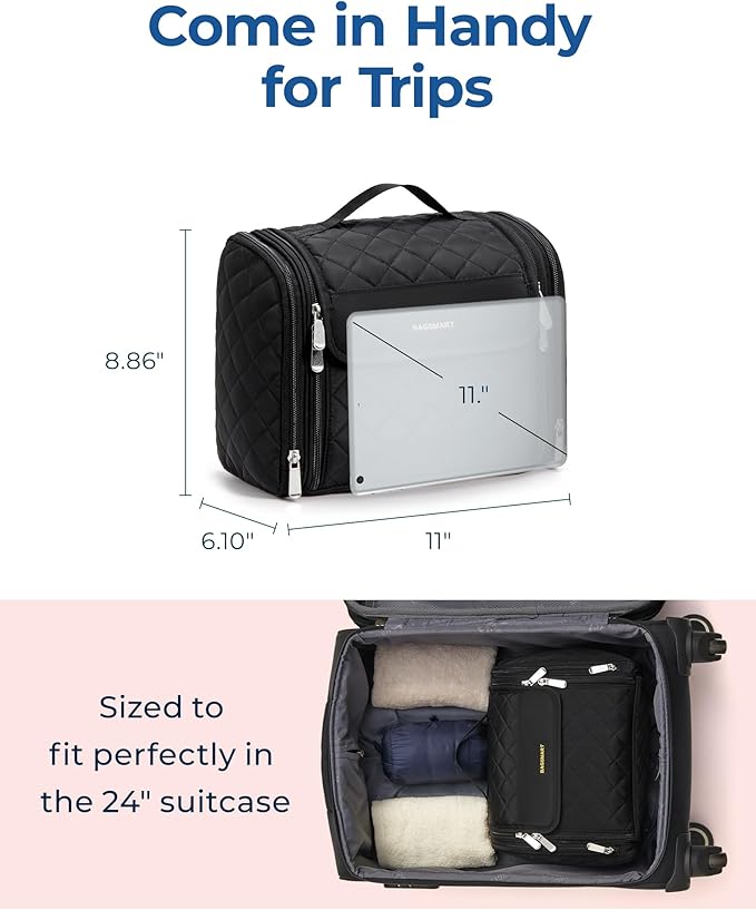 BAGSMART Makeup Bag for Women with Hanging Hook, Large Portable Capacity Water-resistant Organizer Travel Case for Toiletries and Cosmetics, Blue