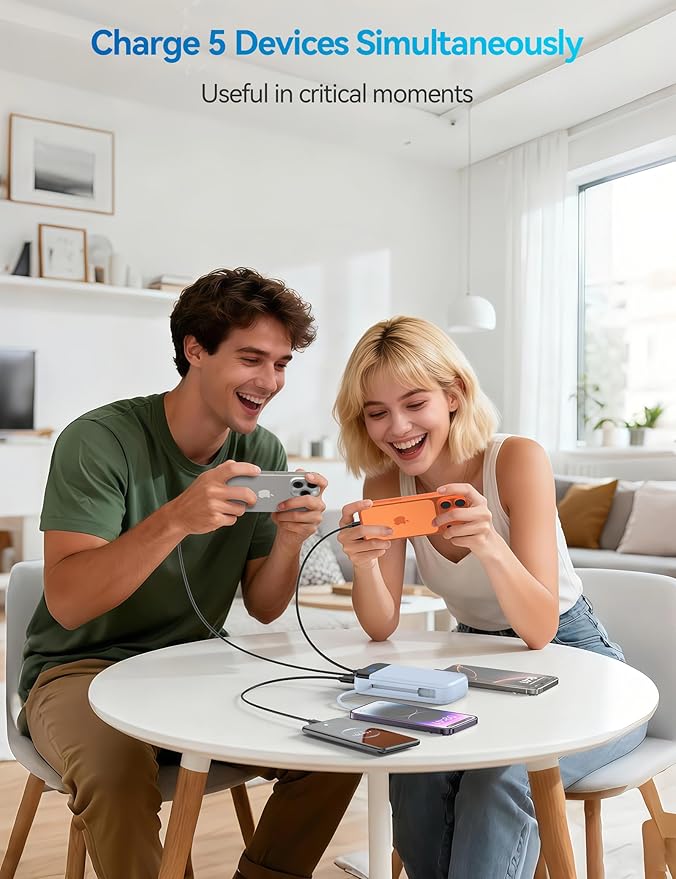 Portable Charger Power Bank 32000mAh with Built in Cables, PD3.0 USB C Fast Phone Charger, 5 Outputs LCD Display Travel Battery Pack Compatible with iPhone, Samsung All Cell Phones (Blue)