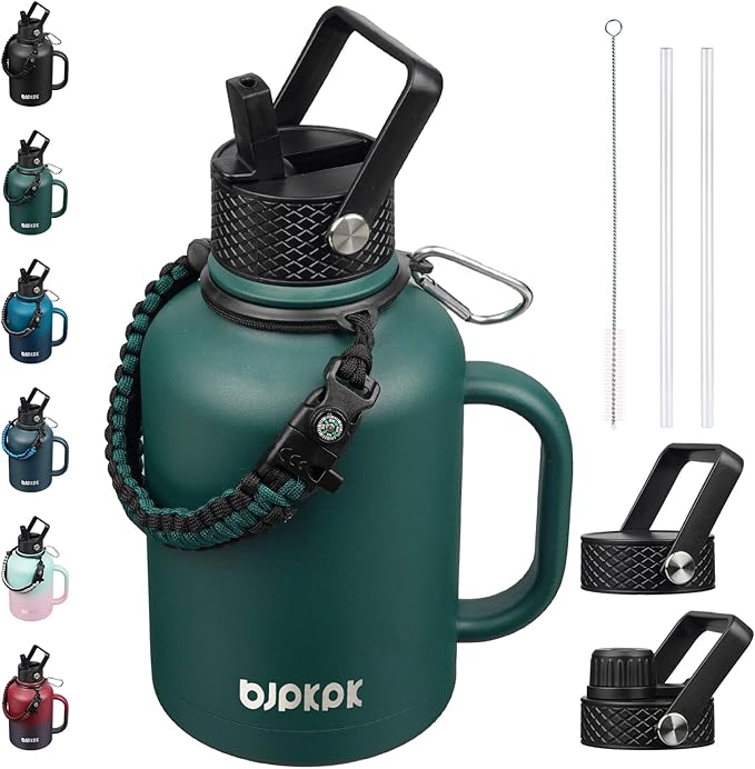 BJPKPK Large Insulated Water Bottles with Straw Lid & Handle, 50oz, 64oz, 87oz, 128oz Water Bottle with 3 Lids and Paracord Strap, Stainless Steel Metal Water Bottle, Insulated Water Jug, Army Green