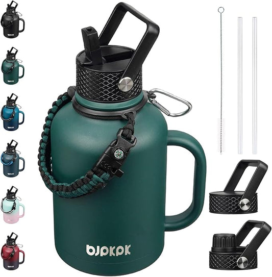 BJPKPK Large Insulated Water Bottles with Straw Lid & Handle, 50oz, 64oz, 87oz, 128oz Water Bottle with 3 Lids and Paracord Strap, Stainless Steel Metal Water Bottle, Insulated Water Jug, Army Green