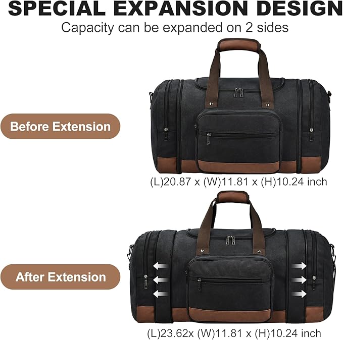 Litvyak Duffle Bag for Travel, 50L Canvas Travel Duffel Bags Overnight Weekend Gym Carry On Luggage Bag for Men & Women(Black+Toiletry Bag)