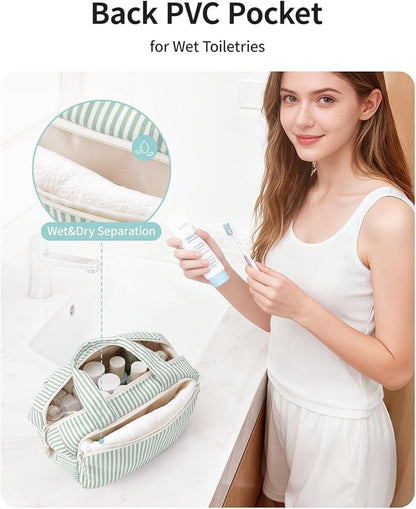 Narwey Travel Toiletry Bag, Wide-open Large Toiletry Bags for Traveling Women, Checkered Travel Bag for Toiletries Cosmetic Makeup Bag Organizer, Skincare Make Up Bag (Mint Green Stripe)