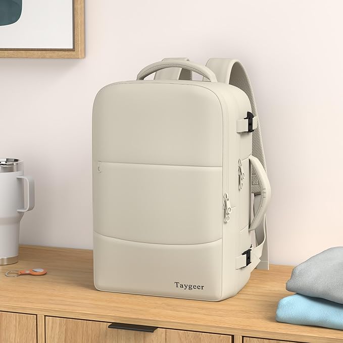 Taygeer Travel Backpack for Women, Carry On Backpack with USB Charging Port & Shoe Pouch, TSA 15.6" Laptop Back Pack Flight Approved, College Gym Bag Casual Daypack for Weekender Business Hiking,Beige