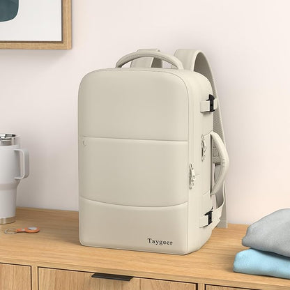 Taygeer Travel Backpack for Women, Carry On Backpack with USB Charging Port & Shoe Pouch, TSA 15.6" Laptop Back Pack Flight Approved, College Gym Bag Casual Daypack for Weekender Business Hiking,Beige
