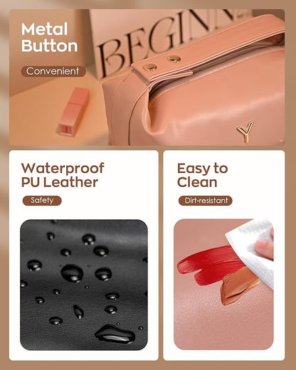 Gift for Her, Personalized Makeup Bags with Handle, Waterproof Double Layer Cosmetic Bag, PU Leather Makeup Bags Letter Travel Toiletry Bag with Makeup Brush Organizer
