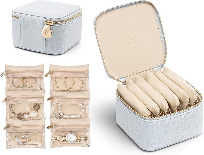 Vlando Travel Jewelry Box Organizer - 6 Small Velvet Zipped Pouches Pockets for Jewelries Necklaces Rings Earrings Sorting Storage, Baby Blue