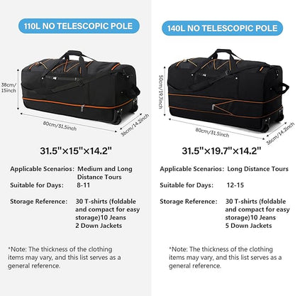 Vomgomfom Wheeled Collapsible Duffel Bag,110L-140L Expandable Checked Luggage, No-Telescopic-Handle with Anti-Burst Zipper & Reinforced Frame,Black-orange