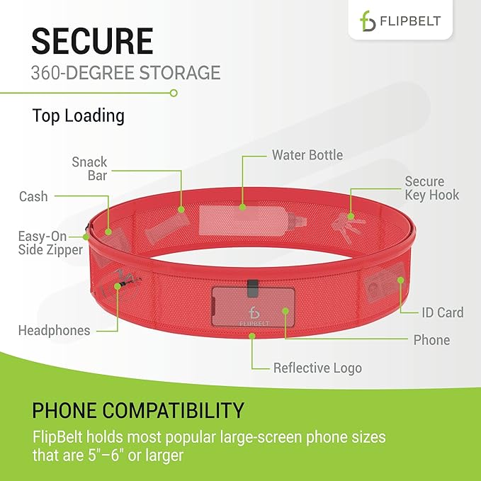 FlipBelt Lightweight Running Air Belt, Fitness and Running Fanny Pack for Women and Men, Non Chafing Waist Band Pack for Phone, Keys, Money, Moisture Wicking Storage Belt, USA Company Neon Punch