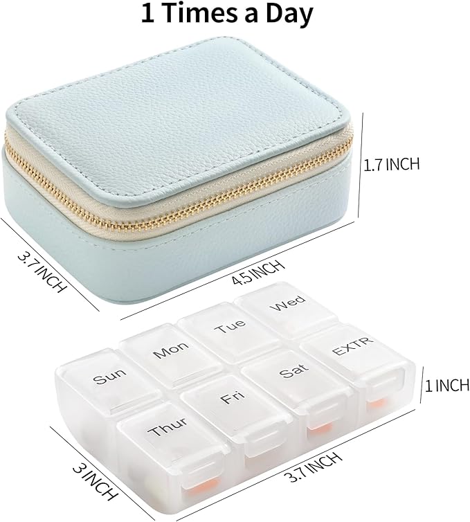 Genuine Leather Travel Pill Organizer Box Case 1 Times a Day for Purse for Women, Cute Medicine Pill Holder Containers for Vitamin Small Weekly Daily 7 Day Am Pm Pill Organizer(Black)