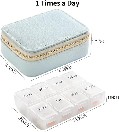 Genuine Leather Travel Pill Organizer Box Case 1 Times a Day for Purse for Women, Cute Medicine Pill Holder Containers for Vitamin Small Weekly Daily 7 Day Am Pm Pill Organizer(Black)