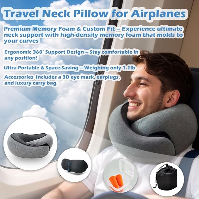 Travel Neck Pillow for Airplane, Adults Memory Foam Neck Pillow for Traveling, Ergonomic Neck Support for Airplane Sleeping, Car, Airport Travel Pillow, Portable Adults Turtle Plan Pillows (Grey)