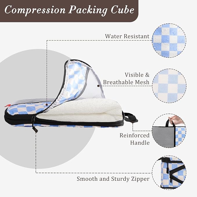 U+U 8 Set Compression Packing Cubes - Ultralight Travel Organizers with Laundry Bag and Cosmetic Bag, Space-Saving Suitcase Organizer for Travel, Business Trip and Family Vacation (Blue Checkered)