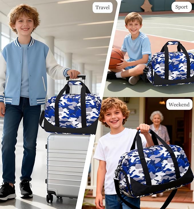 DSIUE Boys Duffle Bag Sports Gym Bag Overnight Weekender Travel Duffel Bag With Shoe Compartment (Camo Blue)