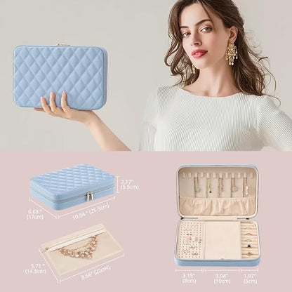Lolalet Travel Jewelry Case for Women Girls, Travel Jewelry Organizer Box with Mirror & Clear Storage Bag, Small Portable Earring Necklace Bracelet Ring Case, Birthday Christmas Gifts -Large, Blue