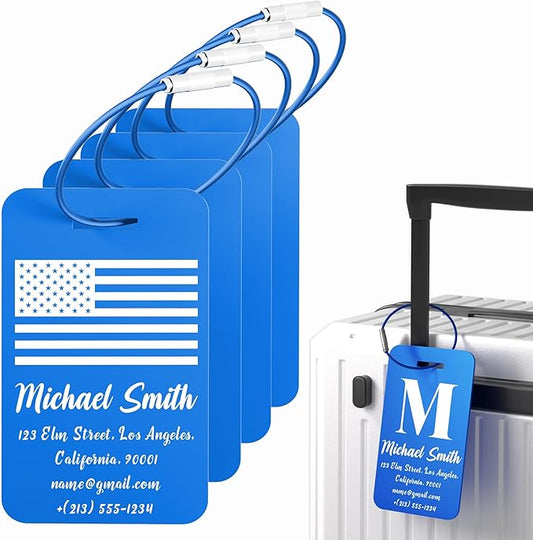 4 PCS Personalized Luggage Tags for Suitcase, Custom Engraved Aluminum Luggage Tags with Your Personalized Text Logo, Metal Name Tags with Steel Loop for Bag, Suitcase, Backpack (Blue, Large)
