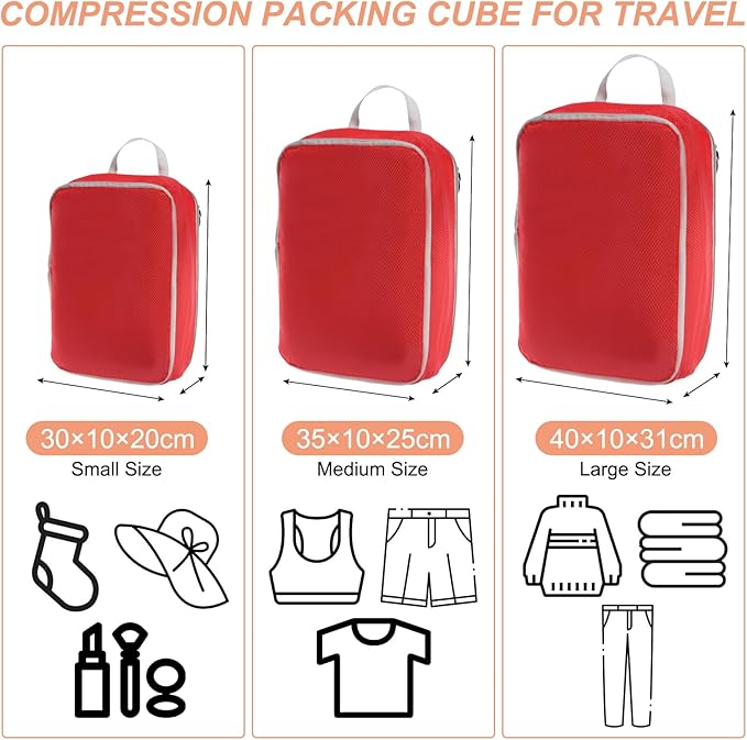 PATIKIL Compression Packing Cube for Travel, 3 Set Waterproof Nylon Luggage Organizer Bags Lightweight Compression Cube for Outdoor Suitcases Backpack, Red