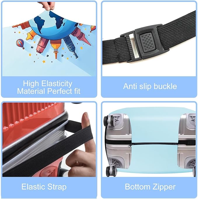 Luggage Cover - World Travel Themed Suitcase Protector with Iconic Landmarks and Hot Air Balloons - Durable, Elastic, and Stylish Design for Travel Bags,M