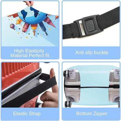 Luggage Cover - World Travel Themed Suitcase Protector with Iconic Landmarks and Hot Air Balloons Tsa Approved- Durable, Elastic, and Stylish Design for Travel Bags,L