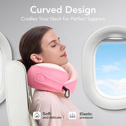 Travel Pillow, 100% Pure Memory Foam Travel Neck Pillow Airplane Neck Support Ergonomic Design for Traveling Suitable for Airplanes,Offices and Cars-Cooling Silk Pink