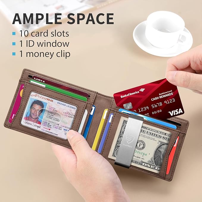 RUNBOX Mens Slim Wallet with Money Clip RFID Blocking Bifold Credit Card Holder for Men with Gift Box